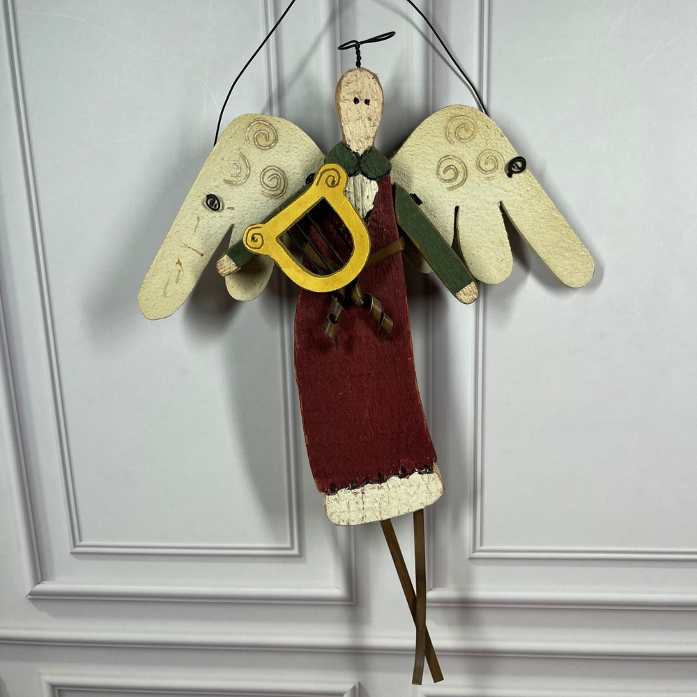 Handmade Wooden Angel Ornament Christmas Folk Art Burgundy Harp Primitive Rustic